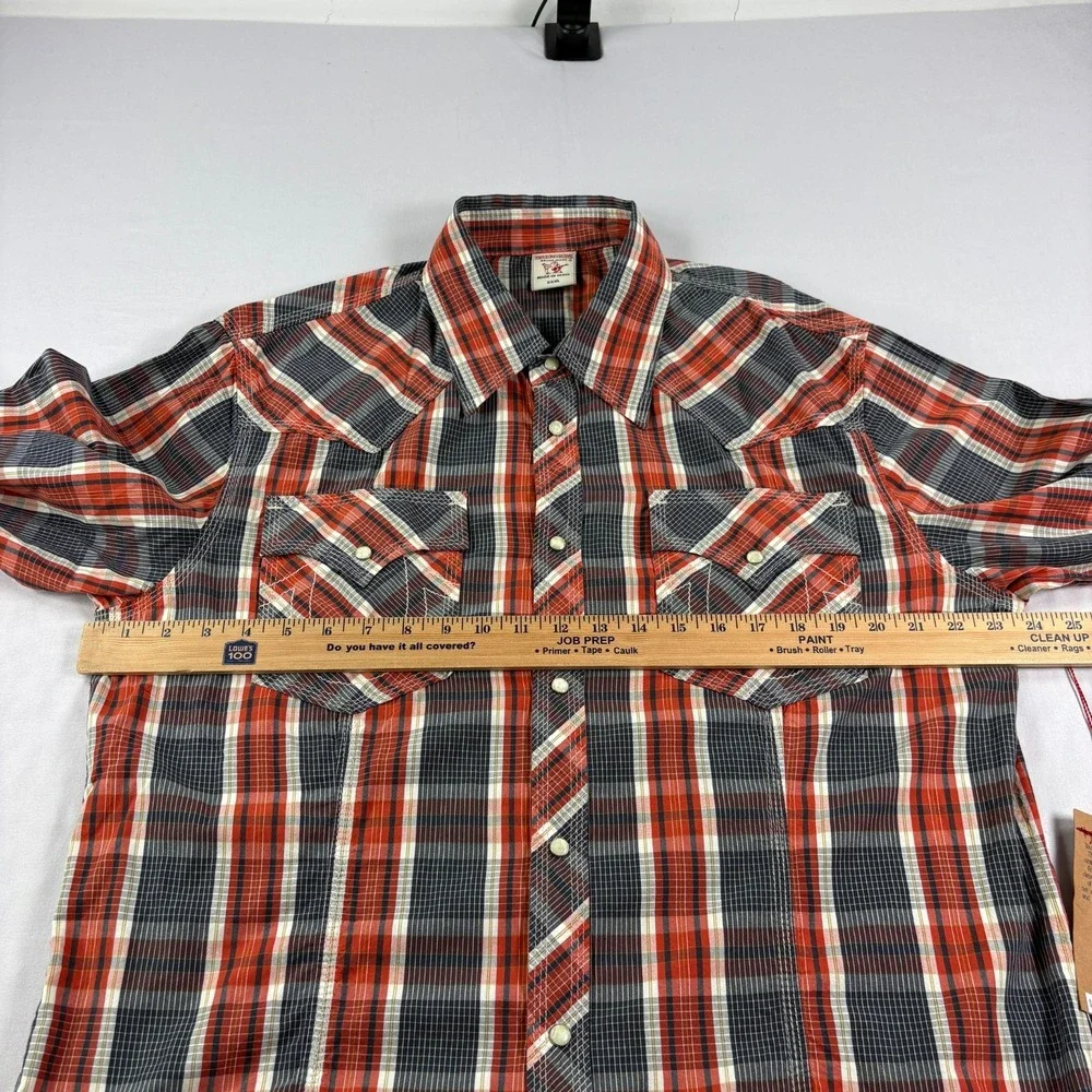 True Religion Western Shirt Mens 3XL Orange Plaid Pearl Snap Up Long Sleeve‎ NEW